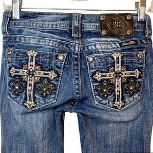 Miss Me Embellished Distressed Cross On  Pocket Mid-Rise Boot Cut Jeans Size 25